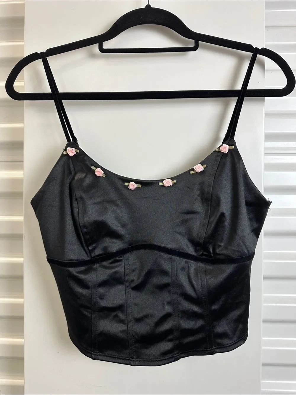 WILD FABLE Black Satin Cami Crop Top with Pink Rose Trim